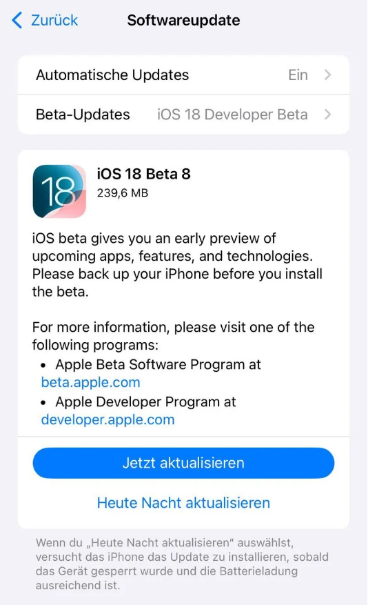 安福苹果手机维修分享苹果 iOS / iPadOS 18 开发者预览版 Beta 8 发布 